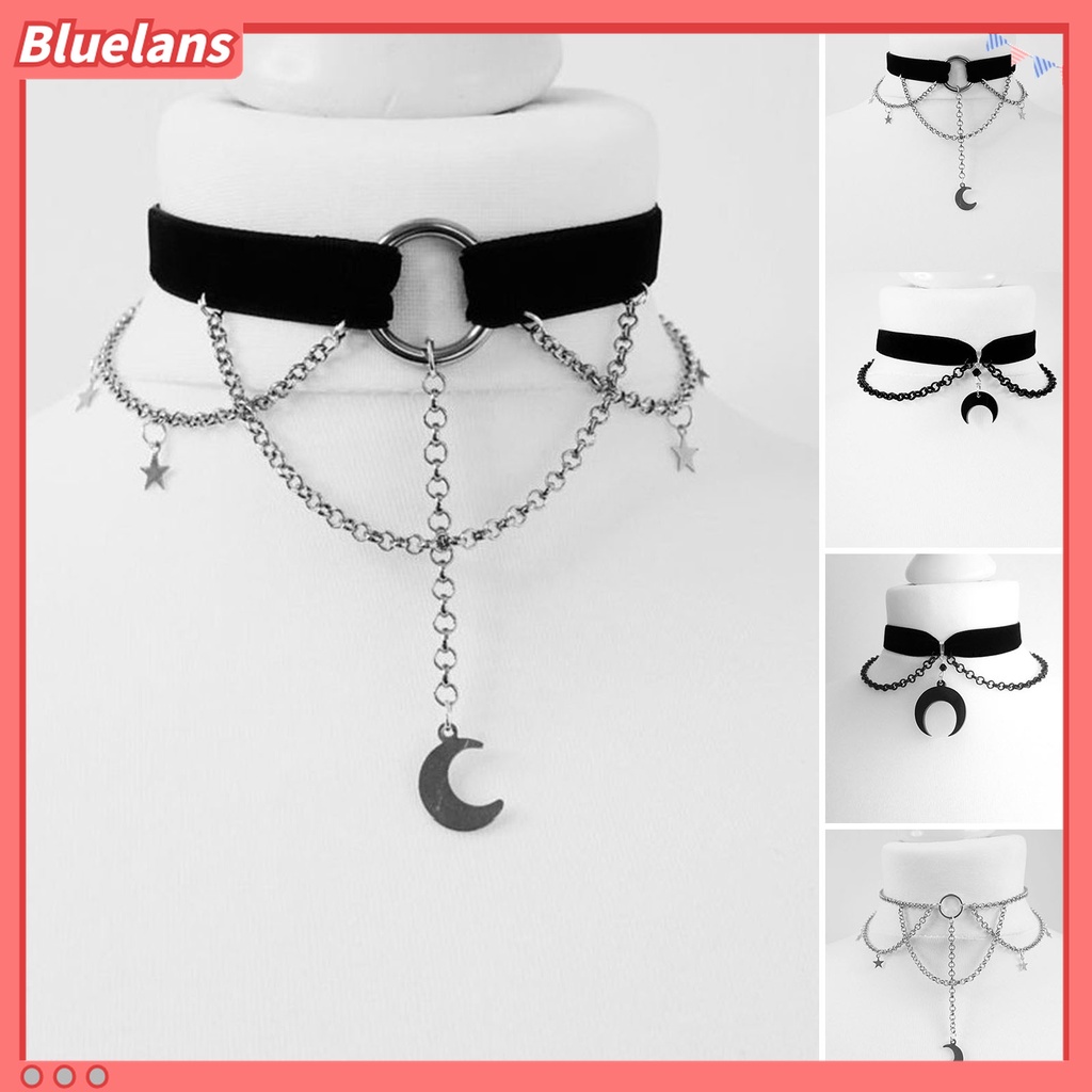 Kalung Choker Multi Rantai Bentuk Bulan Sabit Hollow Out Gaya Gothic Untuk Wanita