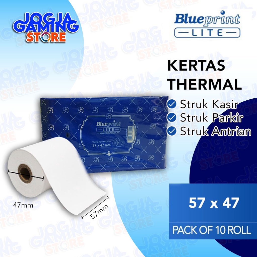 

KERTAS THERMAL MURAH STRUK KASIR CASH REGISTER BLUEPRINT LITE 57X47 P 57x47P - 1 PACK ISI 10 ROL
