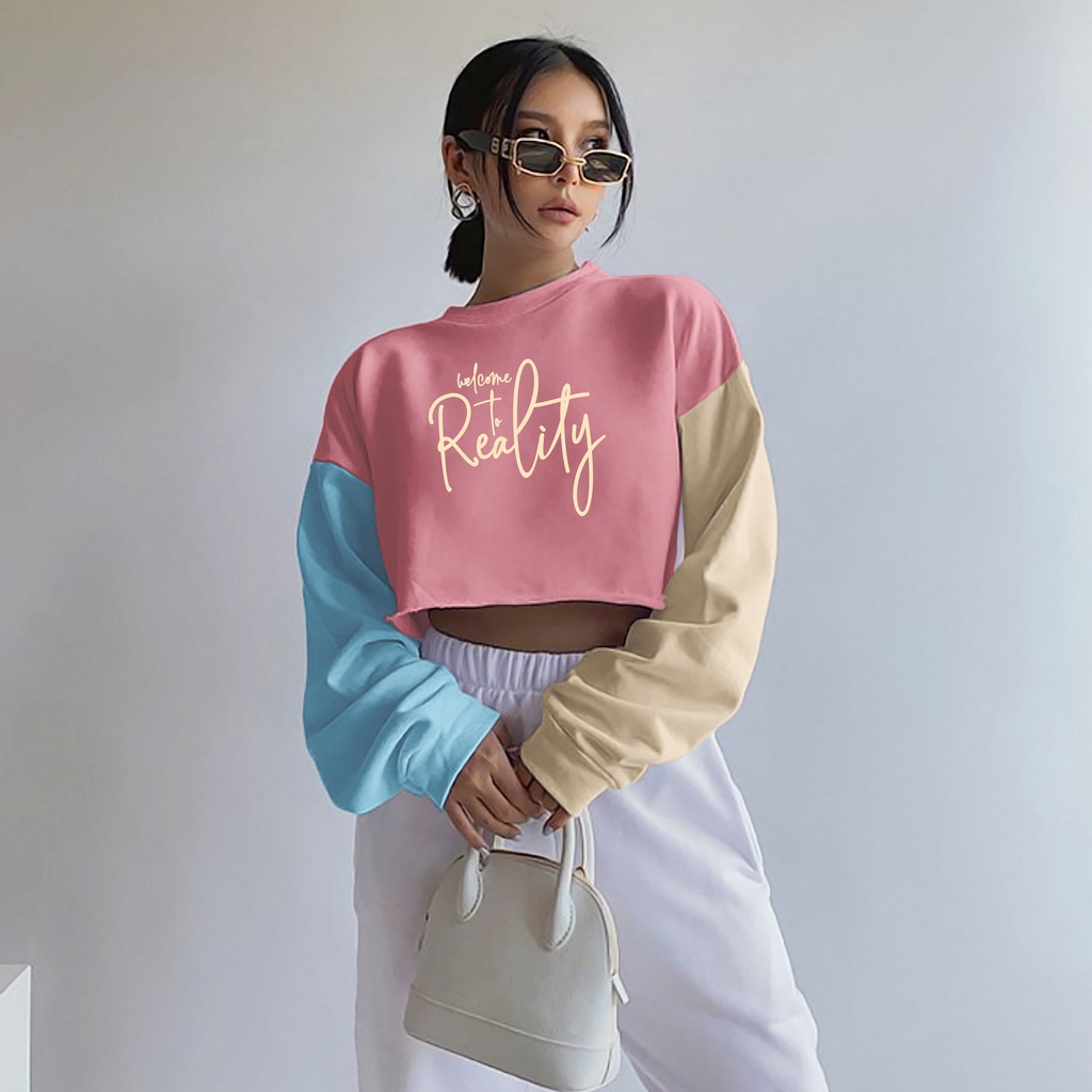 Sweater Crop Welcome To Reality | Korean Style Colorfull Sweatshirt Croope | Baju Wanita Lucu | Bahan Fleece Tebal Dan Lembut | Allsize