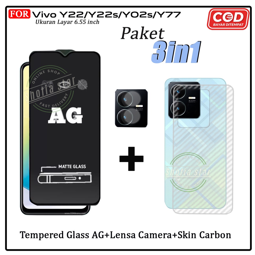 PAKET 3IN1 Tempered Glass Blue Light Vivo Y22 Anti Radiasi Full Cover