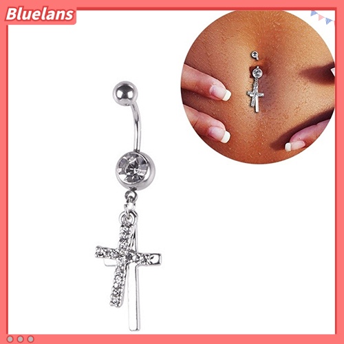Bluelans Rhinestone Double Cross Dangle Navel Belly Button Barbell Ring Body Piercing Jewelry