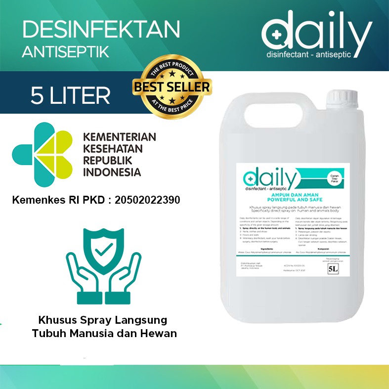 DESINFEKTAN DAILY REGULER PREMIUM DISINFEKTAN ANTISEPTIC 5 LITER (KEMENKES) ANTI VIRUS AMAN UNTUK KULIT - DAILY PREMIUM DESINFEKTAN ANTISEPTIC 5 LITER (KEMENKES) [ORIGINAL]