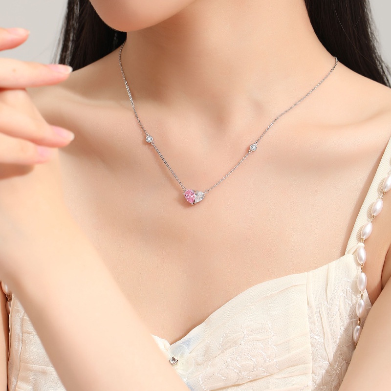 Pandora Kalung 925 Silver Dengan Liontin Hati Warna Pink Dan Putih Untuk Wanita
