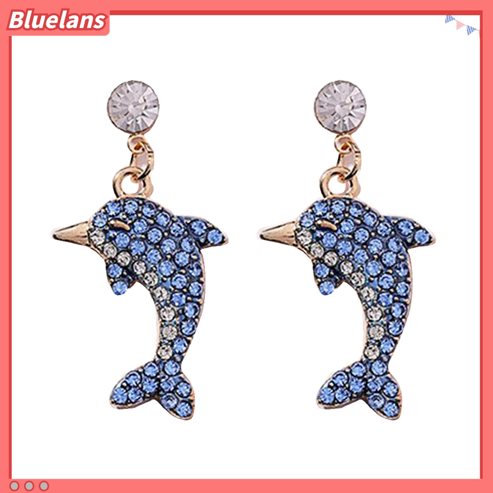 Bluelans Cute Dolphin Shape Shiny Full Rhinestone Inlaid Women Stud Earrings Jewelry Gift