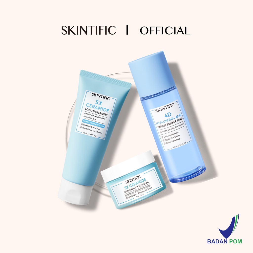 SKINTIFIC - Blue Barrier Set / 5X Ceramide Low pH Cleanser Gentle Cleanser &amp; 4D Hyaluronic Acid ( Ha ) Barrier Essence Toner &amp; Barrier Repair Moisture Gel Pembersih + Toner Pelembab + Pelembab Wajah【BPOM】