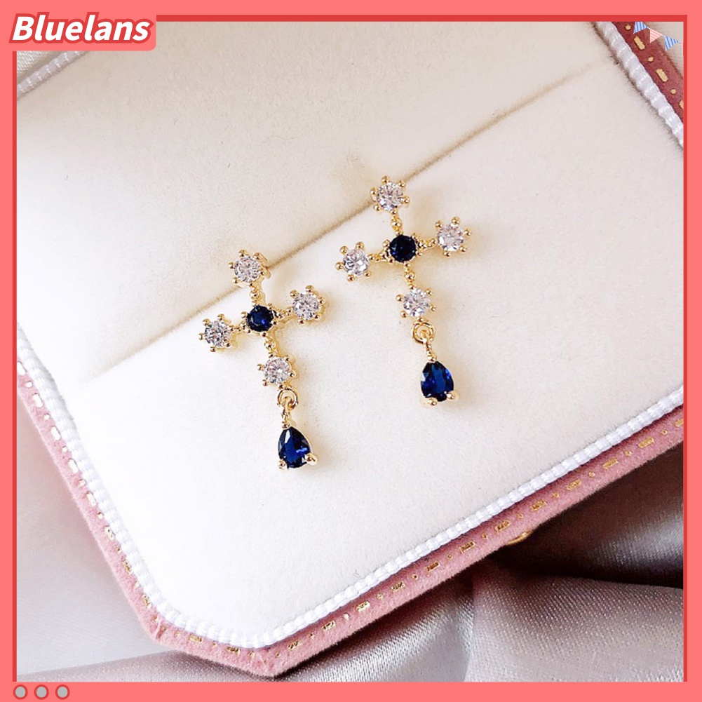 Anting Stud Sapphire Berlian Imitasi Bahan Alloy Untuk Wanita