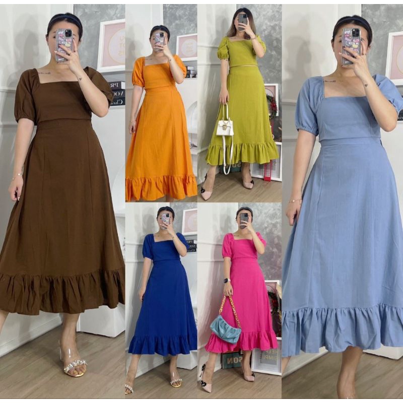 ♡ PREMIUM ♡ REALPIC! ROSELINE 2IN1 SET CROP SMOCKED BLOUSE RUFFLE MIDI SKIRT / SETELAN ATASAN PENDEK  &amp; ROK