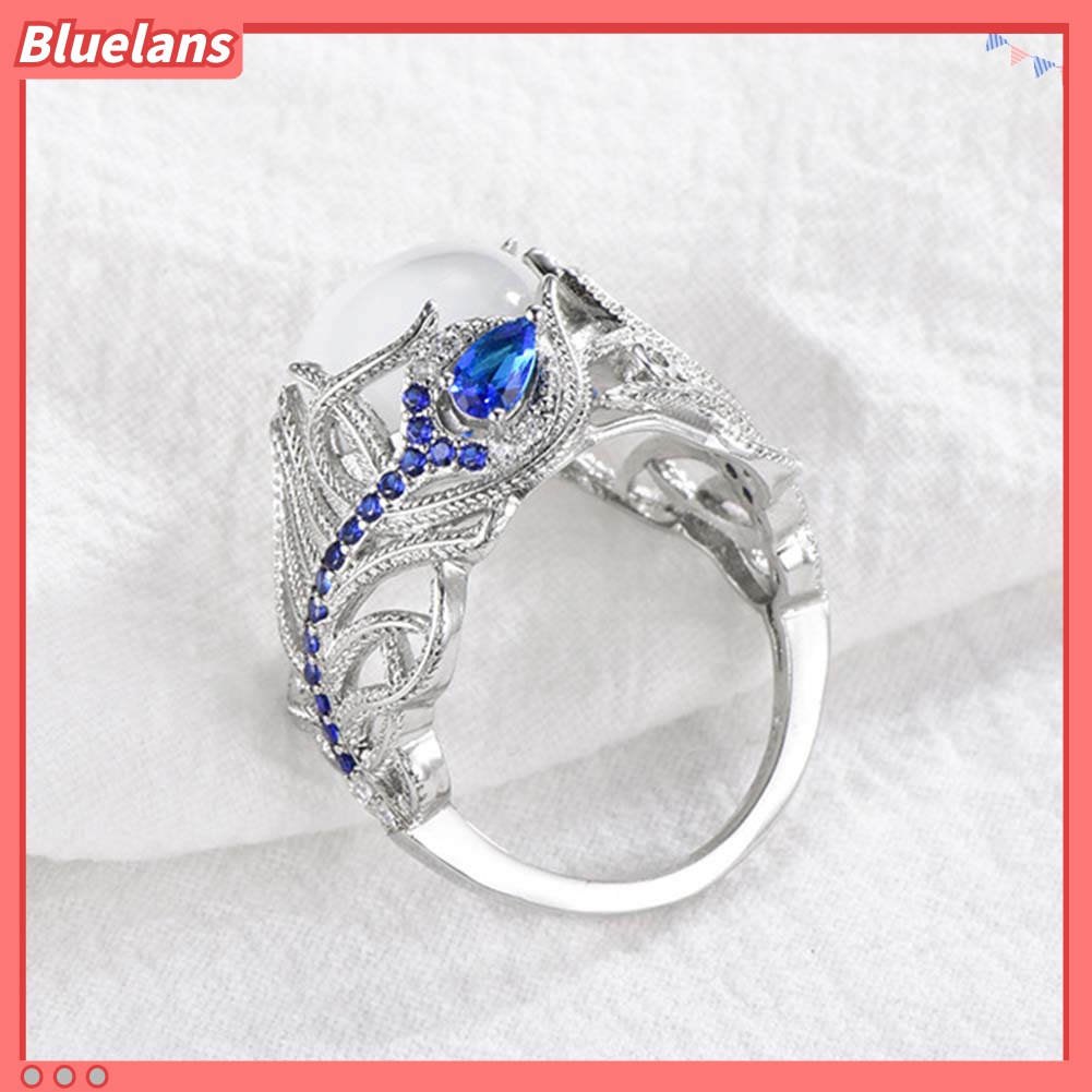 Cincin Wanita Bentuk Bulu Merak Aksen Opal Sapphire Imitasi Untuk Pernikahan