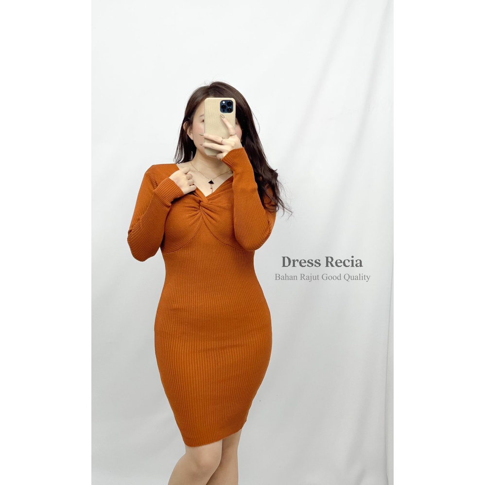 HOPYLOVY - Dress Wanita Rajut Model Lipat Dada Recia