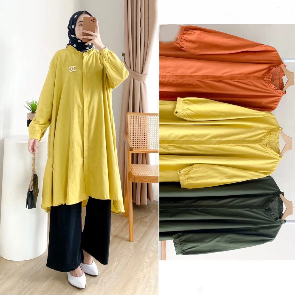 Alya Tunik Matt Shakila | Baju Atasan Long Tunik Polos Kancing Katun Rayon Crinkle Premium Fashion W