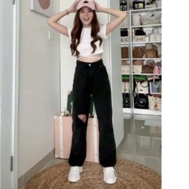 Sale KULOT JEANS WANITA HITAM SOBEK HIGHWAIST PREMIUM