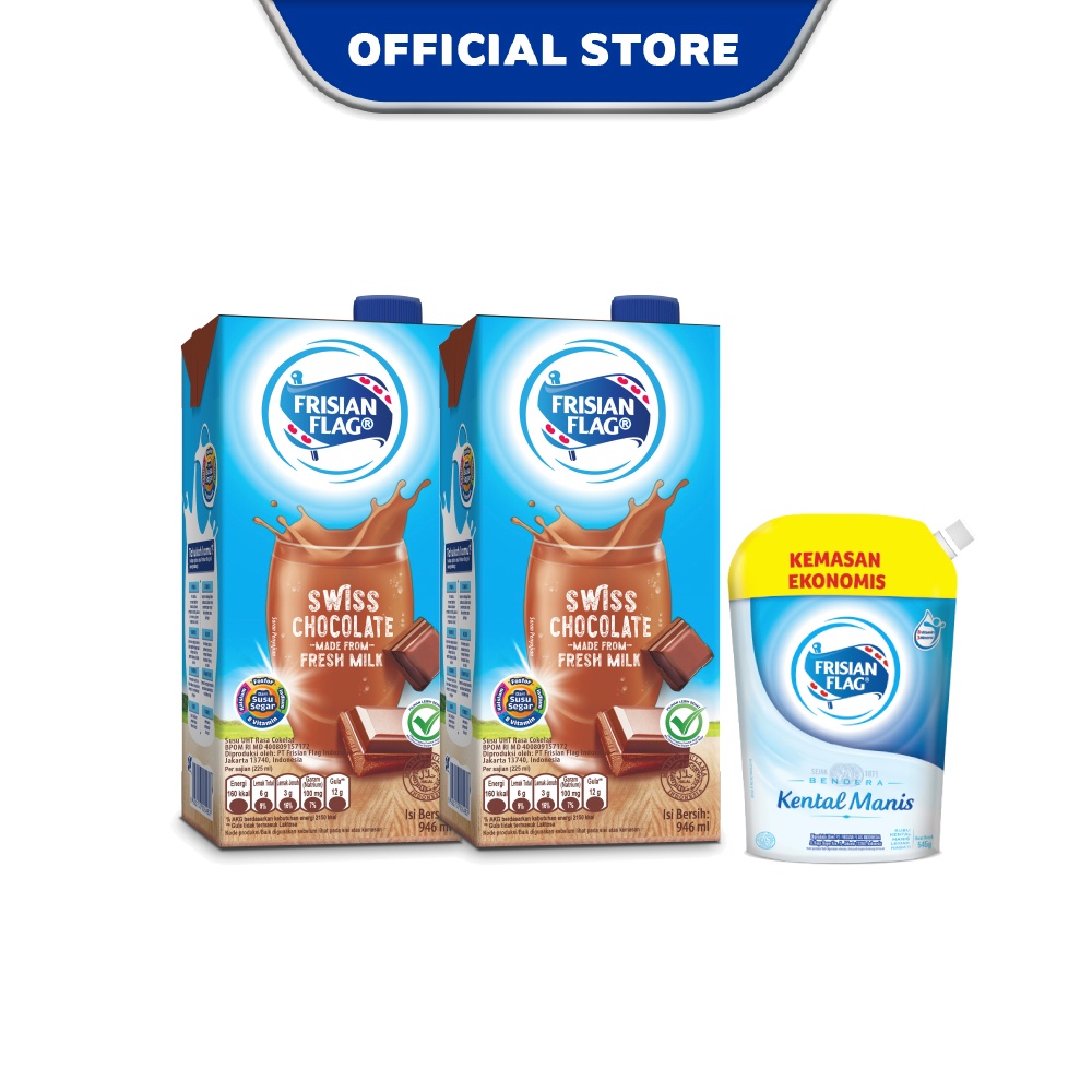 

Frisian Flag Family UHT Swiss Chocolate 946 ml x 2 pcs + Frisian Flag Bendera Kental Manis Pouch 545gr