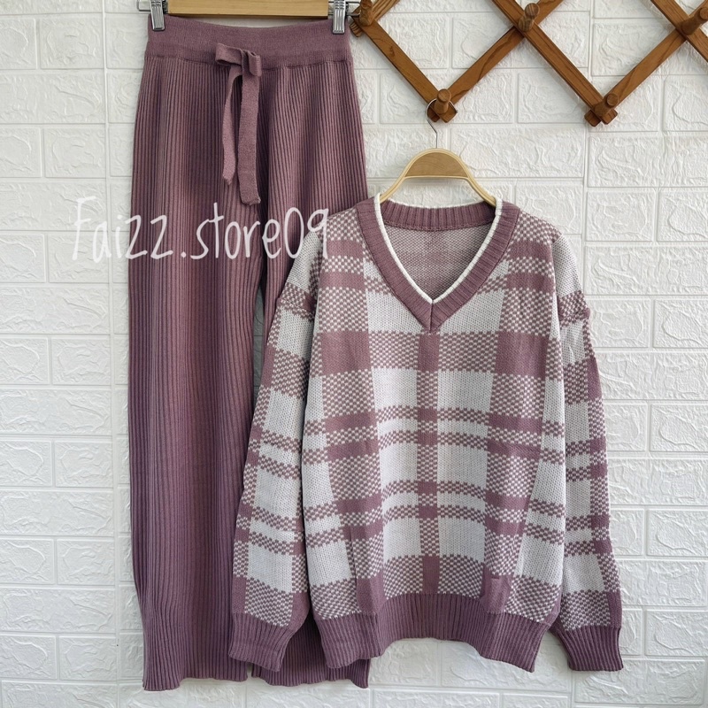 ONESET SWEATER RAJUT LIDYA TARTAN SETELAN CELANA KULOT DAN ROK