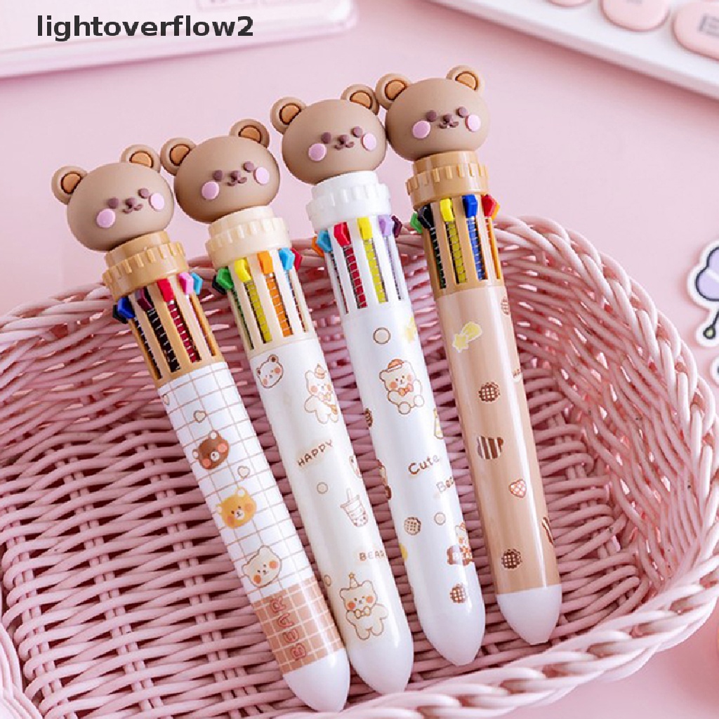 (lightoverflow2) Pulpen / Bolpoin 10 Warna Bahan Silikon Motif Kartun Beruang Untuk Sekolah / Kantor