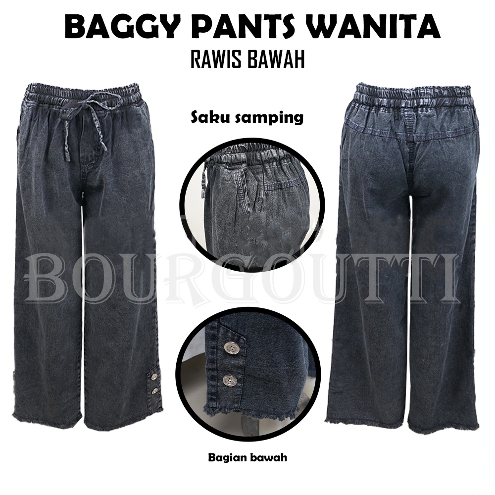 Celana Kulot Jeans Highwaist Wanita, Kulot Jeans RAWIS RUMBAI Sobek Hitam, Kulot Pinggang Full Karet