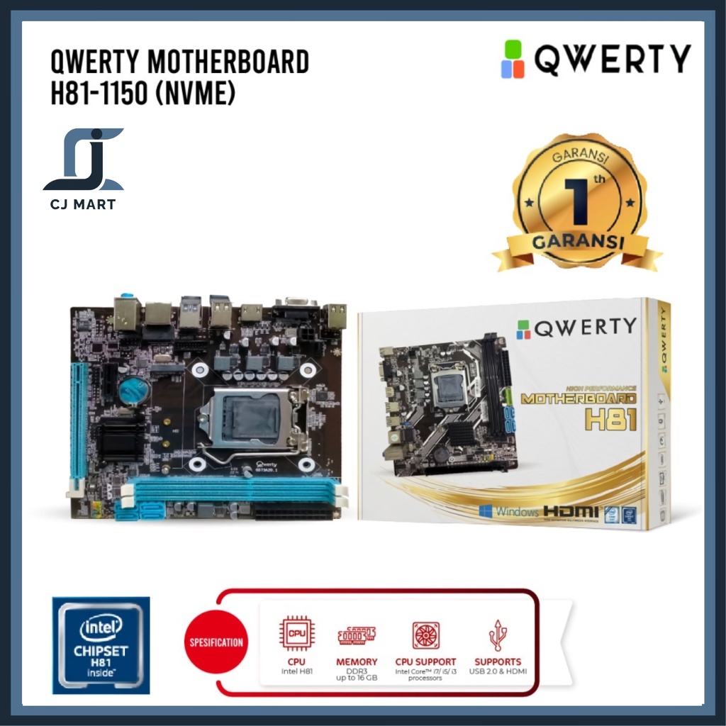 Motherboard Qwerty H81 Slot NVMe NGFF 2280 Intel Socket LGA 1150 DDR 3