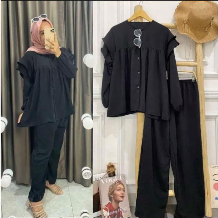 Setelan Basic / Baju Stelan / Basic Daily Set (Baju + Celana) Set Wanita Terbaru // Stelan CRINKLE Polos Rayon Kombinasi LATIFA-FASHION 006