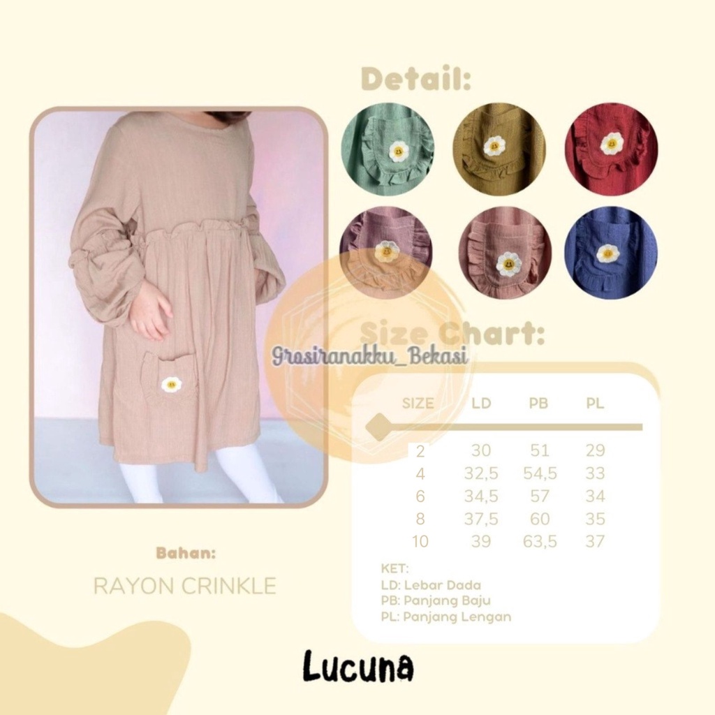 Tunik Anak Hawa Rayon Crincle Lucuna Warna Coklat 2-10tahun