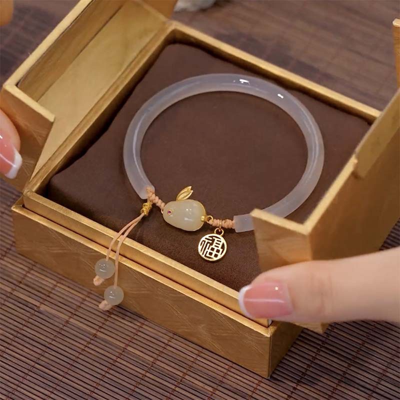Mhang Gelang Tangan Gaya Korea Motif Kelinci Aksen Batu Giok Putih Untuk Perhiasan Wanita