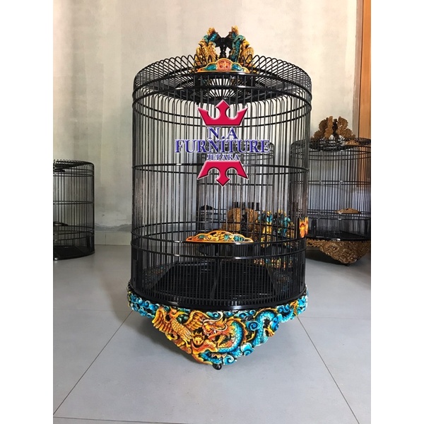 sangkar murai batu kayu jati ukiran naga,sangkar murai batu cat air brush ukiran 3D