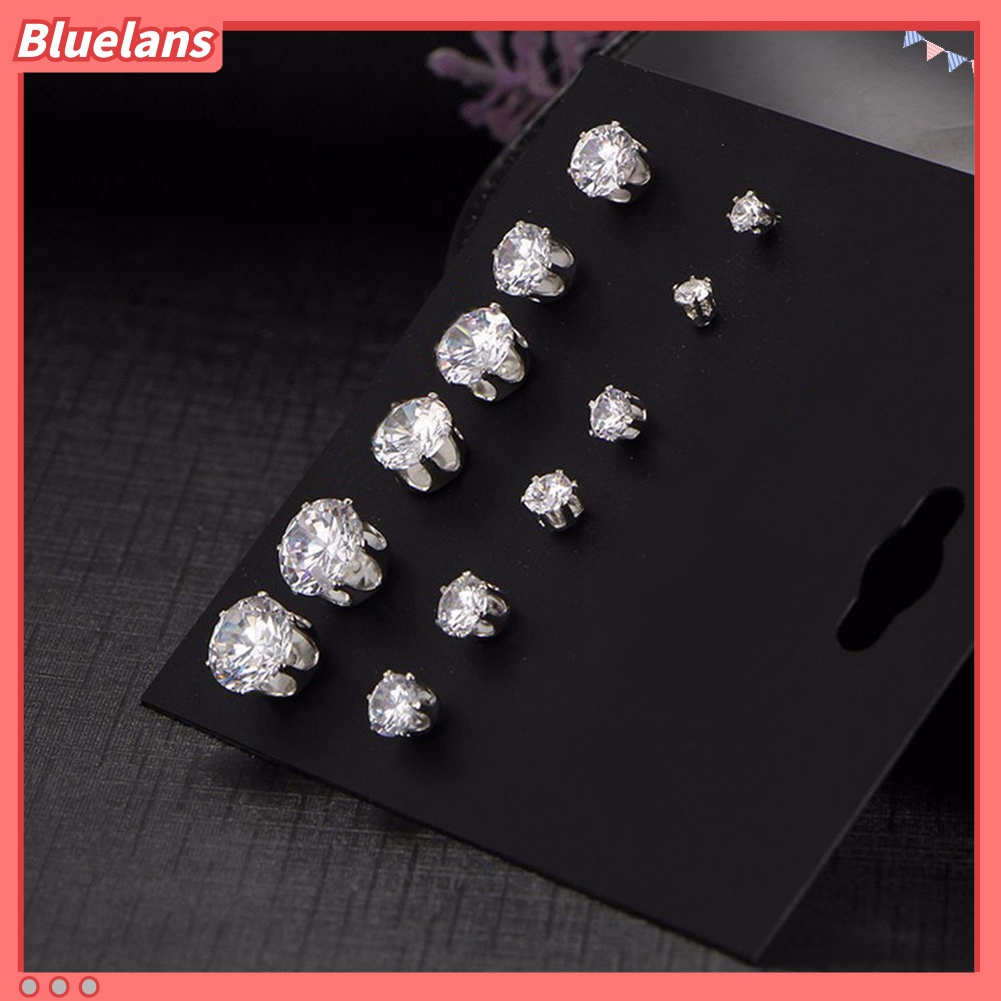 Bluelans 6Pairs Women Jewelry Round Cubic Zirconia CZ Crown Ear Stud Earrings Xmas Gift