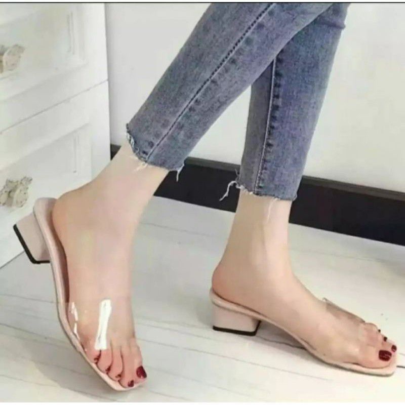 KNS hels sandal wanita hak tahu 3cm polos mika bening