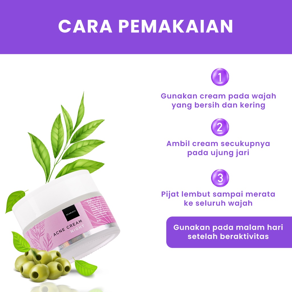 Scarlett Whitening Acne Night Cream - Krim Malam Penghilang &amp; Perawatan Jerawat Ampuh Atasi Hingga Bekasnya with Double Action Salicylic Acid tanpa Bikin Kulit Iritasi
