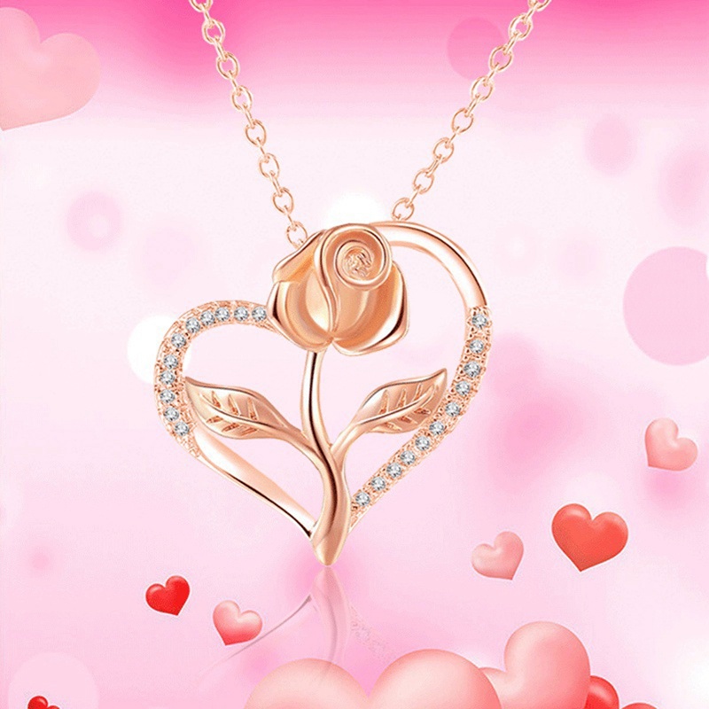 Fancyqube Kalung Liontin Hati Mawar Aksen Kristal Berlian Imitasi Warna Silver Untuk Wanita