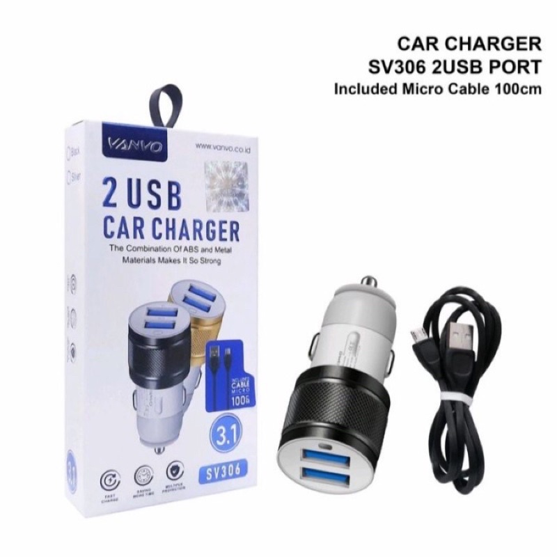 SAVER MOBIL VANVO SV306 3.1A + KABEL MICRO DAN Tipe C CAR CHARGER 2 USB SV-306