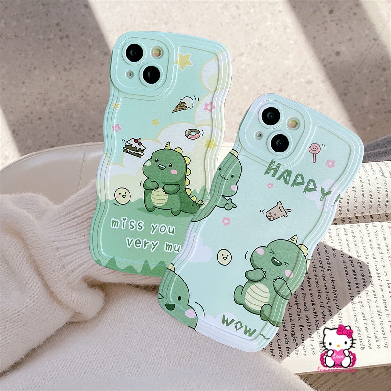 Casing Realme C53 C35 C21Y C25Y C15 C11 2020 C25s C12 C25 C20 C11 2021 C3 6i 5i C20A 5 5s C1 Wavy Edge Happy Milk Tea Cake Donat Kartun Dinosaurus Kecil Lucu Lembut TPU Cover