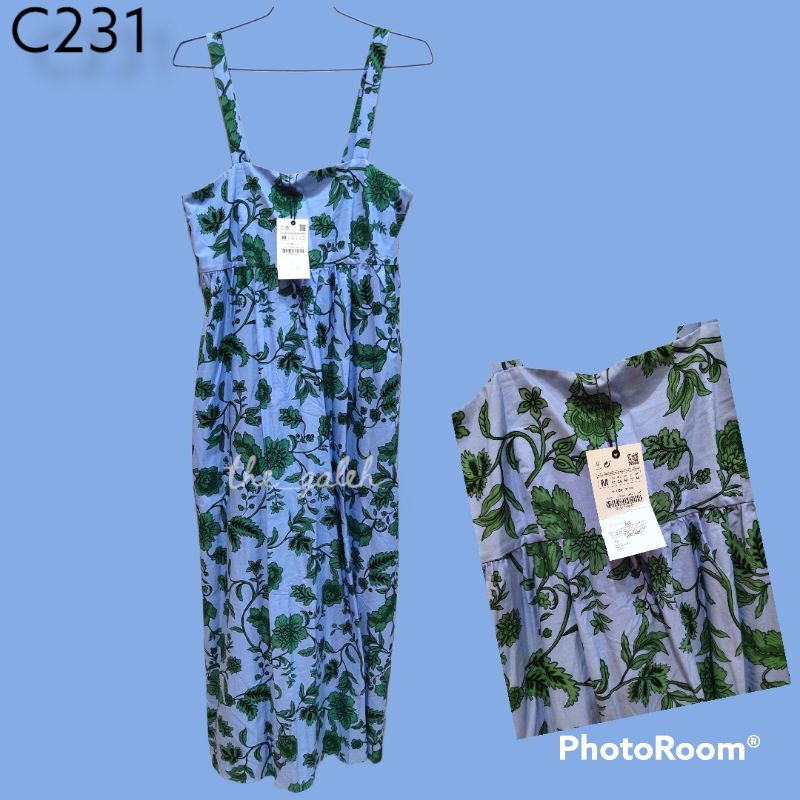 C231 New Zara Original 100% Long Dress Tanpa Lengan Biru Bunga Hijau Dress Pantai Murah