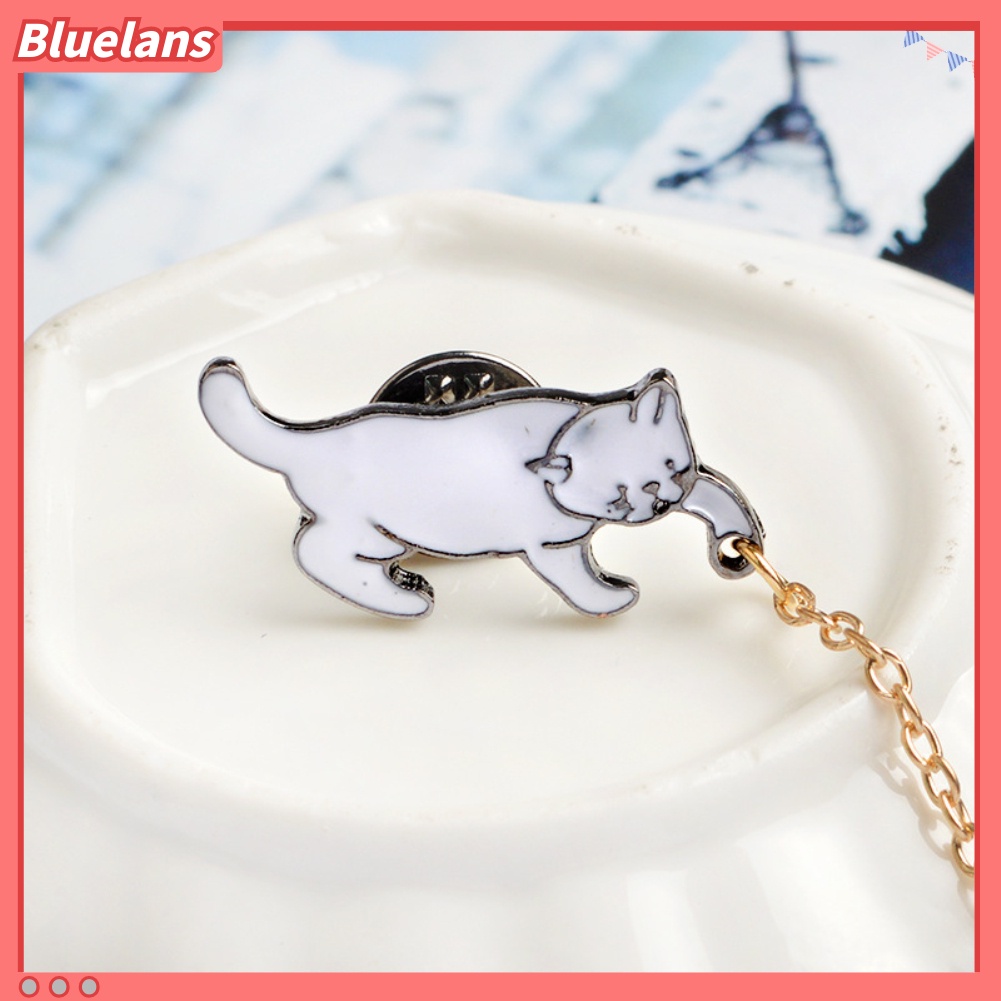 Bluelans Bros / Pin Bentuk Kucing dengan Rantai + Mutiara Imitasi untuk Aksesoris Perhiasan