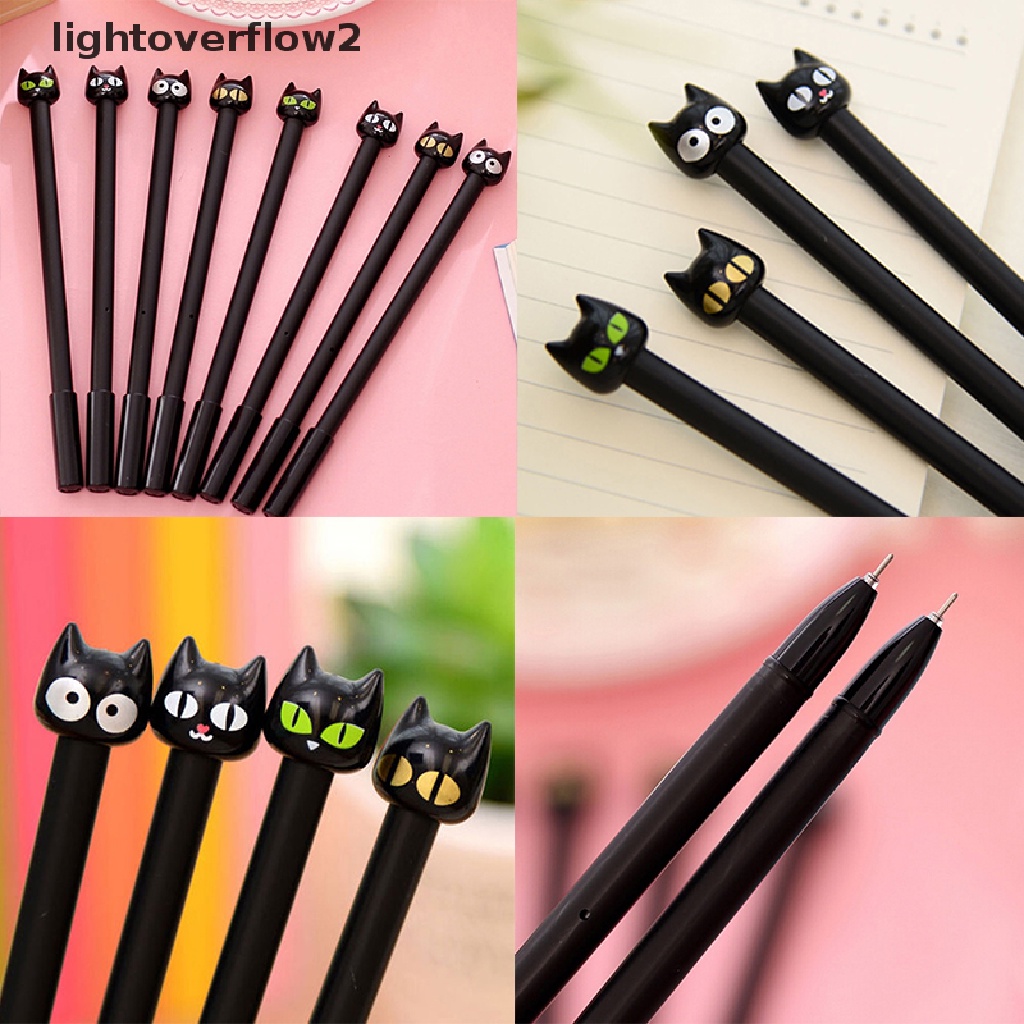 (lightoverflow2) 4pcs Pulpen Gel 0.5mm Bentuk Kucing Hitam Untuk Sekolah