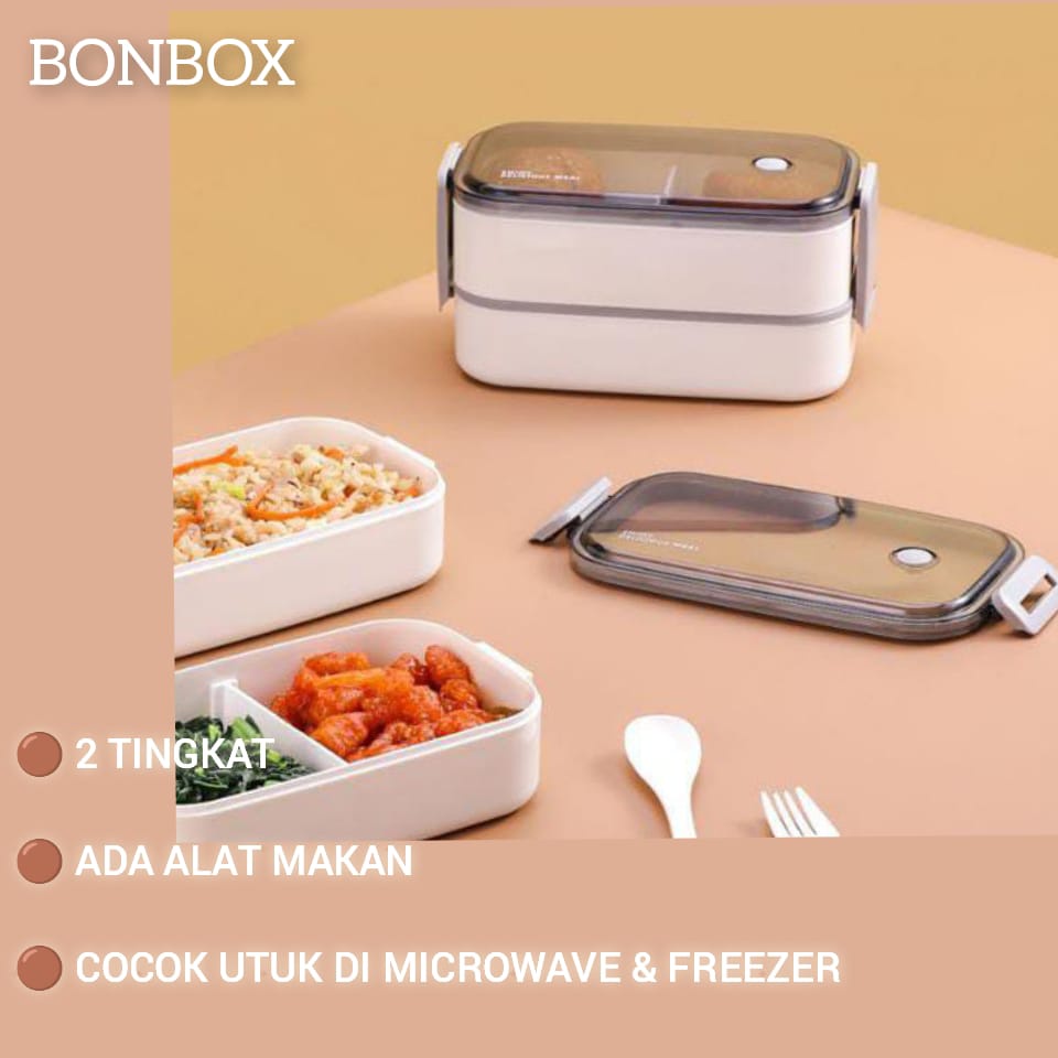 Bonbox Kotak Makan 2 Tingkat Lunch Box Susun Microwaveable Food Grade Material Plastik Dengan Alat Makan BTW40