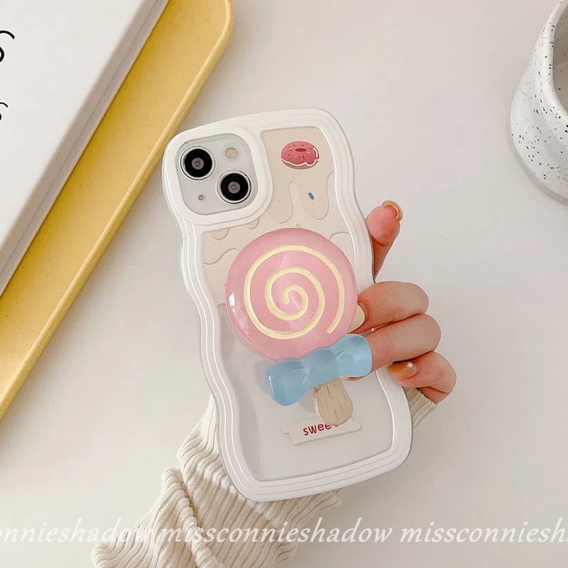 Realme 10 C33 C30 9 9Pro+ C11 8I 8 7 7I C25Y C12 C21Y C25 C35 C15 C25s C20 C20A C3 5s 5 5i 6i Cartoon 3D Lollipop Phone Holder Stand Case Candy Ice Cream Wavy Edge Soft TPU Cover