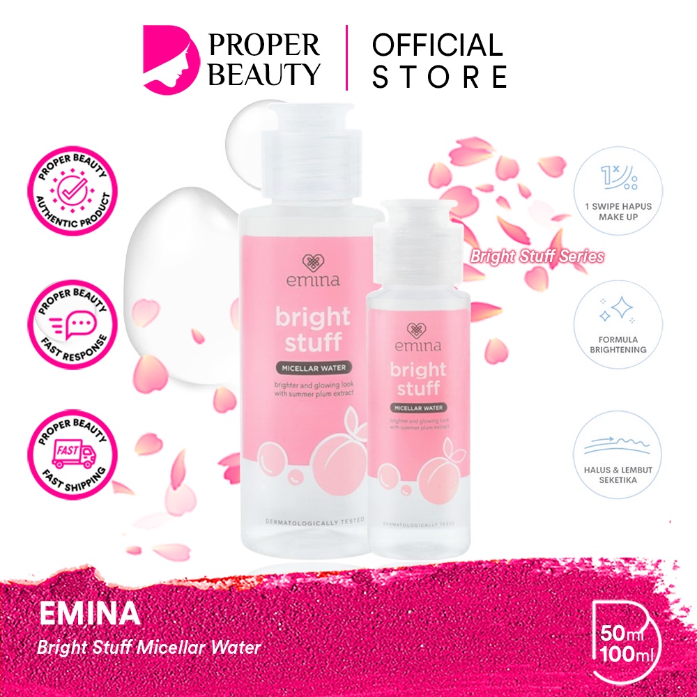 EMINA Bright Stuff Micellar Water Indonesia / Pembersih Wajah 50ml 100ml / Brighten And Glowing Look With Summer Plum Extract / Moisturizer Melembabkan Bersih / Skincare Face Care Facial Cleanser Cleansing / Sabun Cuci Muka / Treatment Perawatan Series