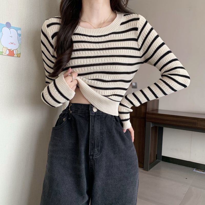 Crewnneck Wanita Knit Stripe Lengan Panjang Sweater Rajut