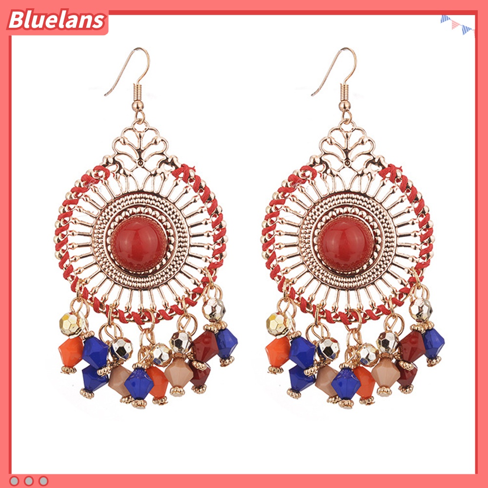 Bluelans Anting Kait Gantung Wanita Desain Rumbai Manik Bulat Gaya Bohemia Retro