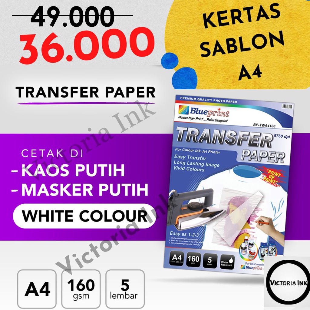 Kertas Transfer Paper Sablon Kaos Putih BLUEPRINT Transfer Paper White Blueprint A4