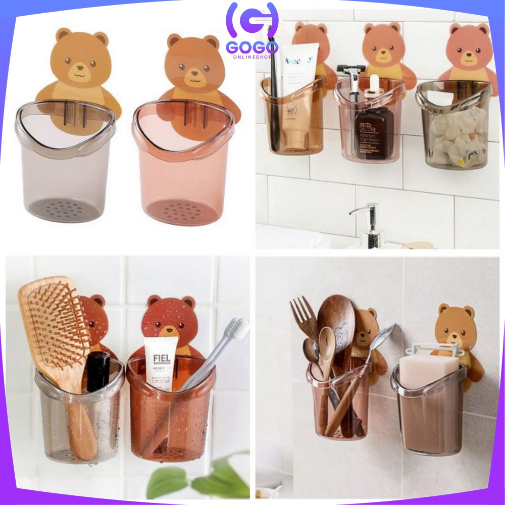 GOGO-C452 Rak Tempel Tempat Sikat Gigi Bear Rak Serbaguna Kamar Mandi Model Tempel Motif Beruang / Toothpaste Holder