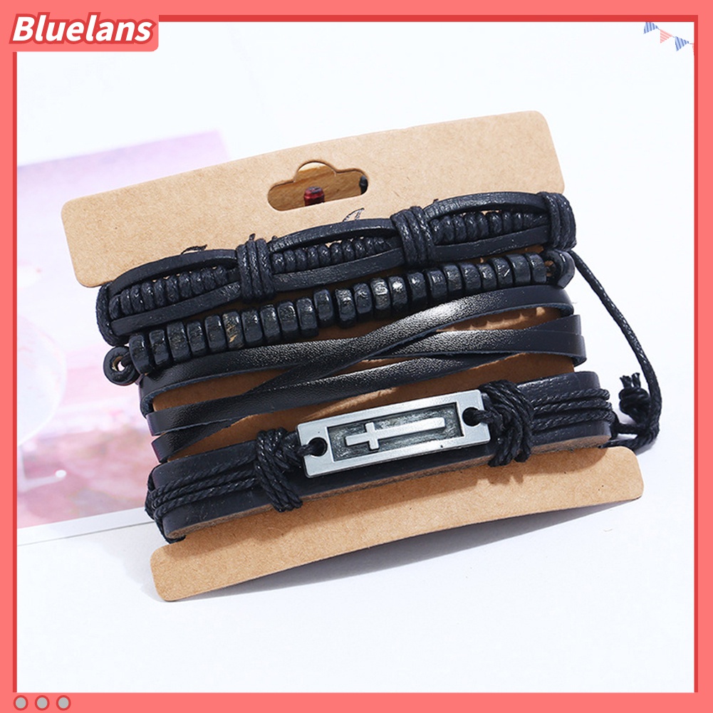 4pcs / Set Gelang Tali Kulit Imitasi Multilayer Adjustable Untuk Pria