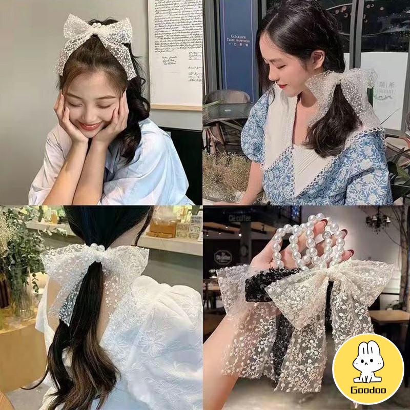 Ikat Rambut Mutiara Karet Temperamen Vintage Renda Mutiara Busur Simpul Band Tali rambut Gelang Wanita Perhiasan -Doo