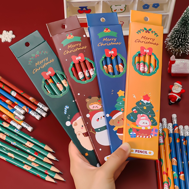 6pcs Pensil HB Motif Kartun Natal Dengan Penghapus Untuk Pelajar