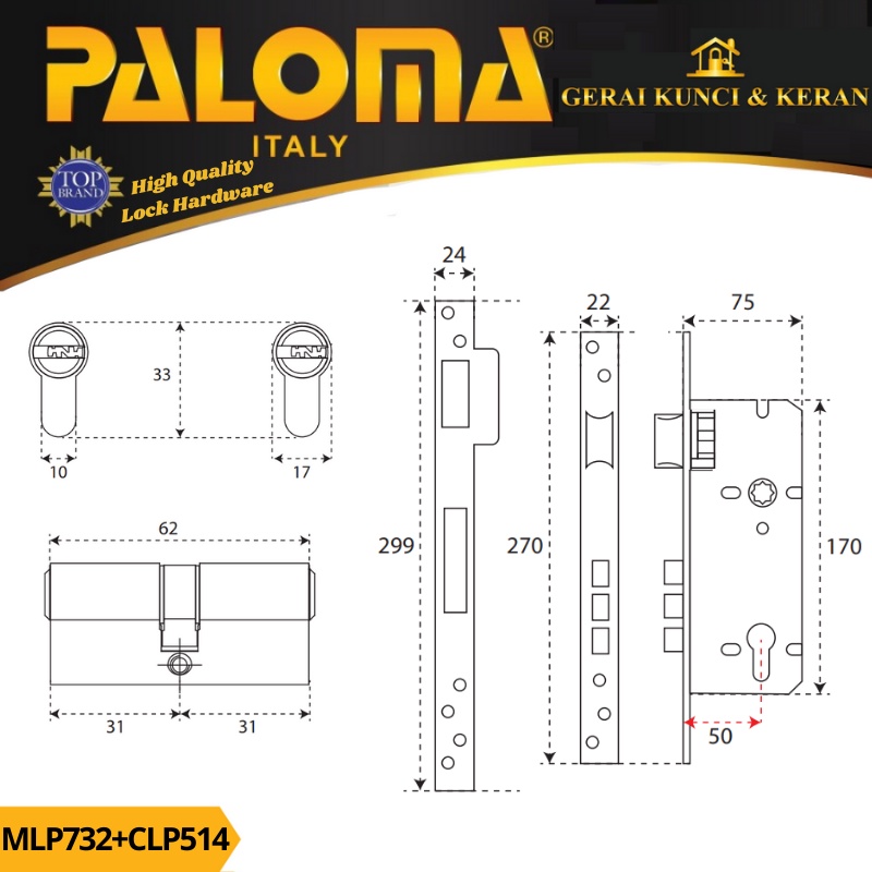 PALOMA MORTISE LOCK SET CYLINDER MLP 732 CLP 514 BODY KUNCI SWING 50MM CYLINDER 62MM KOMPUTER KEY STAINLESS