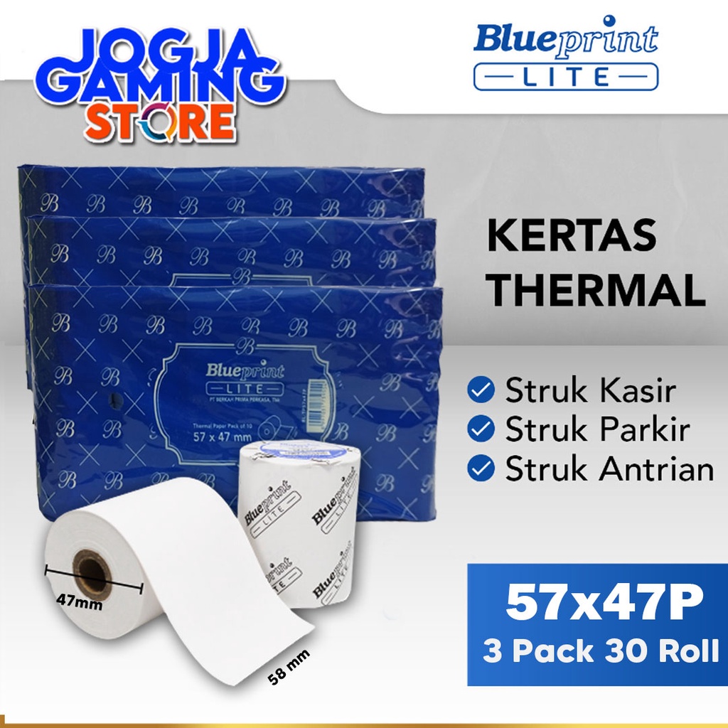 

KERTAS THERMAL MURAH PAPER ROL STRUK KASIR POS BLUEPRINT LITE 57x47P - 3 PACK 30 ROLL