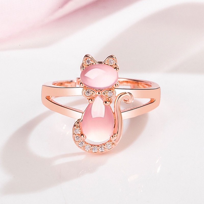 Fancyqube Cincin Tembaga Wanita Desain Kucing Hias Batu Kristal Pink Berlian Imitasi Adjustable