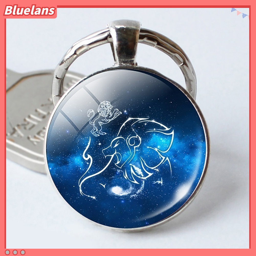 Gantungan Kunci Bentuk Bulat Motif 12 Zodiak Bahan Kaca
