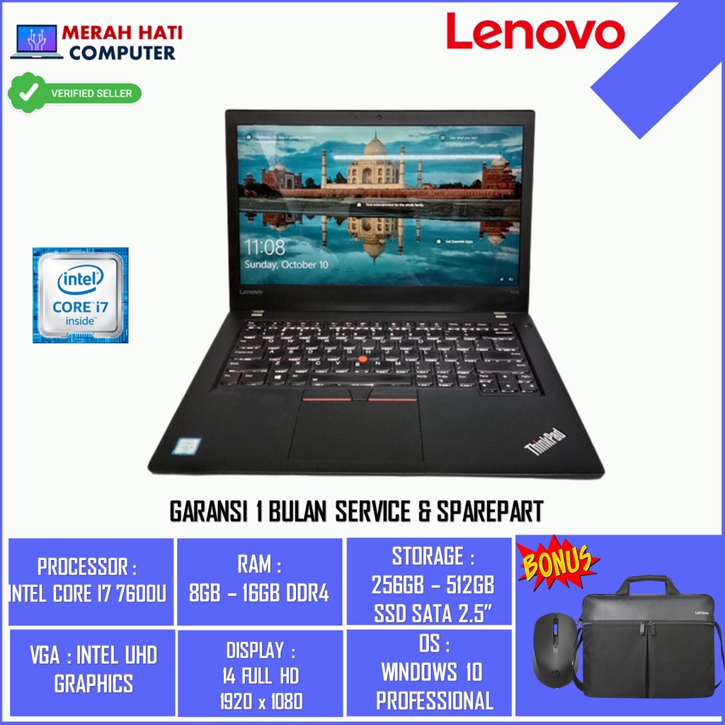 Laptop Lenovo Thinkpad T470 INTEL CORE i5 16GB SSD 256GB Windows 10 pro Bergaransi