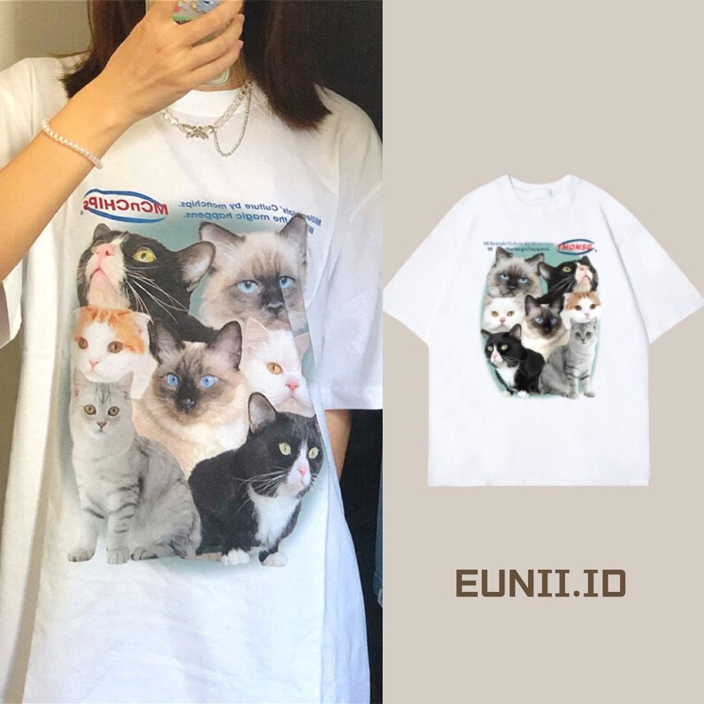 EUNII T-shirt Lengan Pendek Cartoon Cat Korean Style/Kaos Atasan Wanita/Baju Kaus Oversize Wanita
