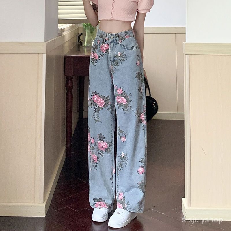 #Sisjuly# Rose jeans wanita baru longgar pinggang tinggi dicetak celana panjang berkaki lebar berkak
